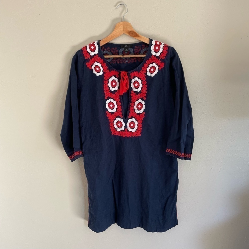 J Crew | Linen blend, embroidered red and navy tunic‎ dress